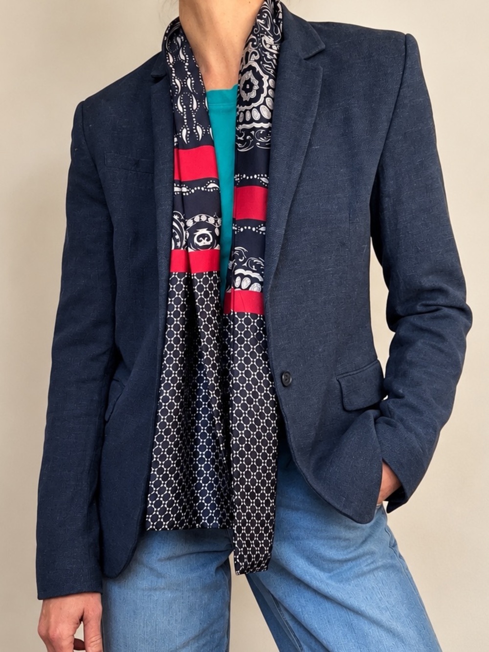 H&M Navy Blue Tweed Cotton Linen Blend Blazer